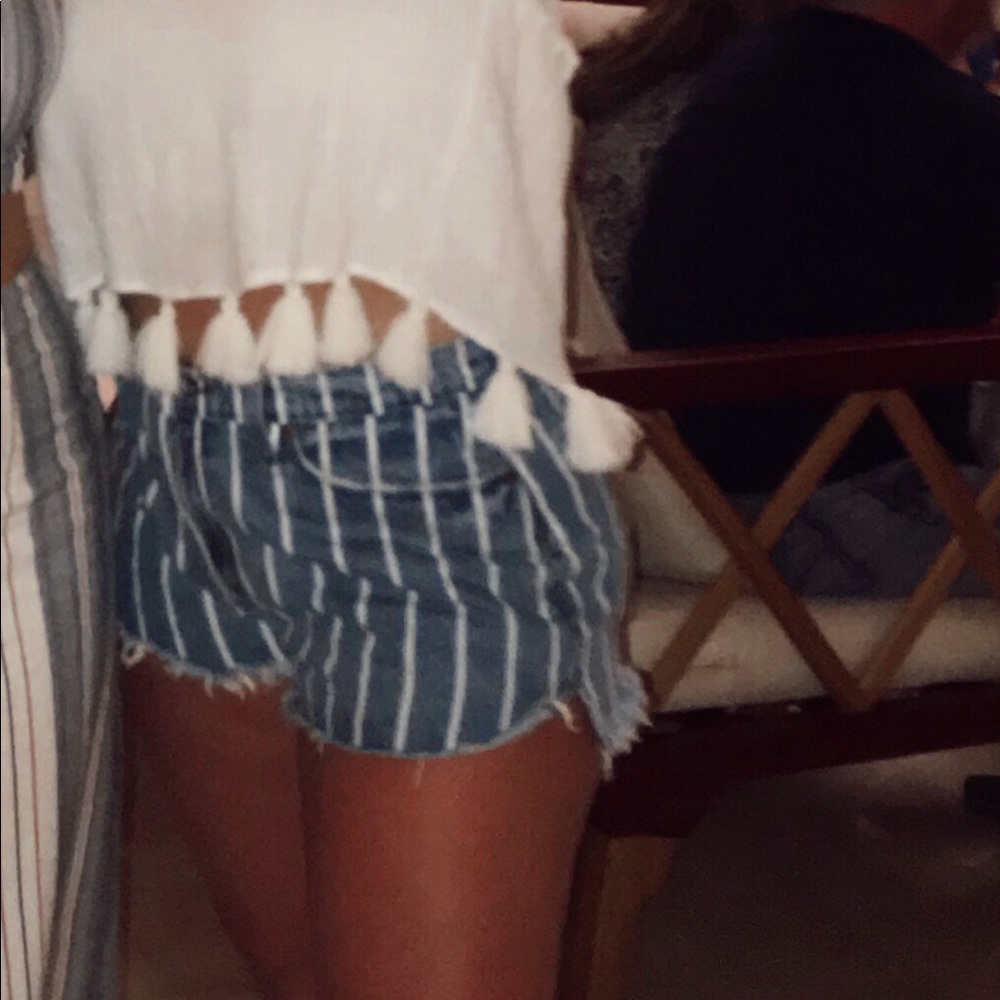 High rise striped denim shorts